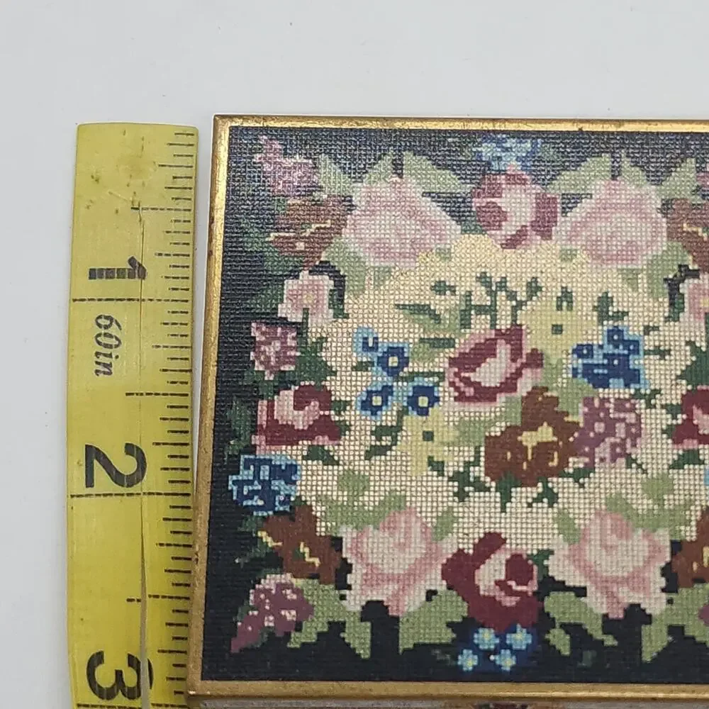 Vintage Volupte Leakproof Compact Needlepoint Look Floral Mirror Gold Tone USA